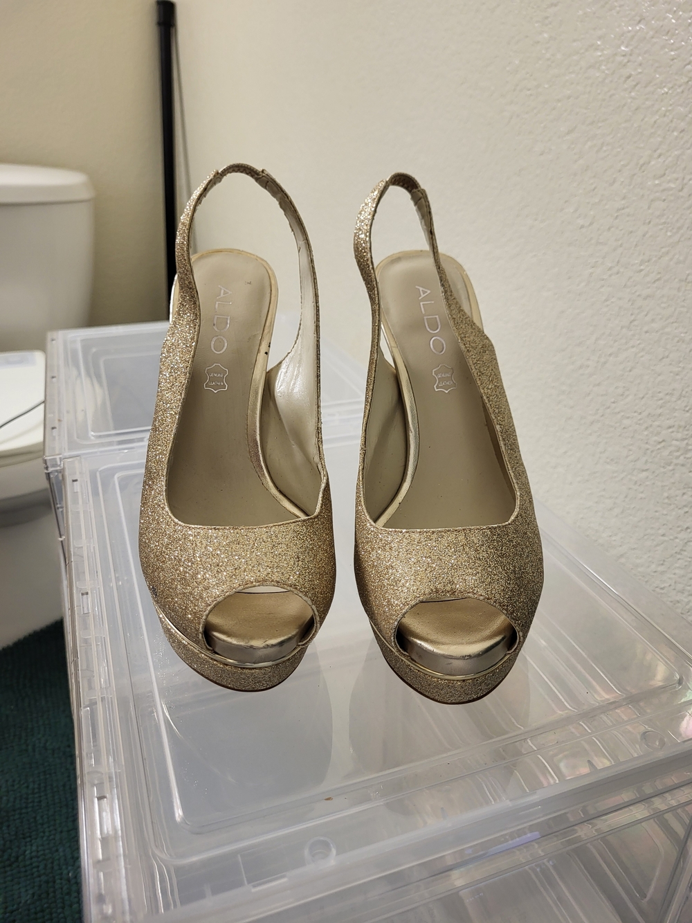 ALDO Gold Glitter Peep-Toe Slingback Platform Heels